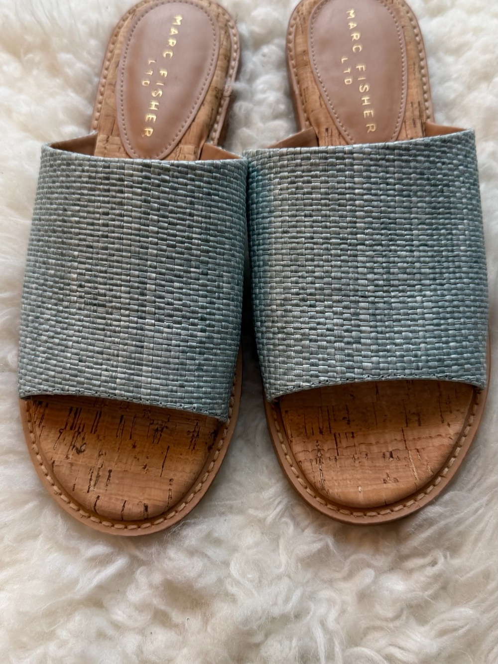 Marc Fisher Woven Slide Sandals in Light Blue and Tan
